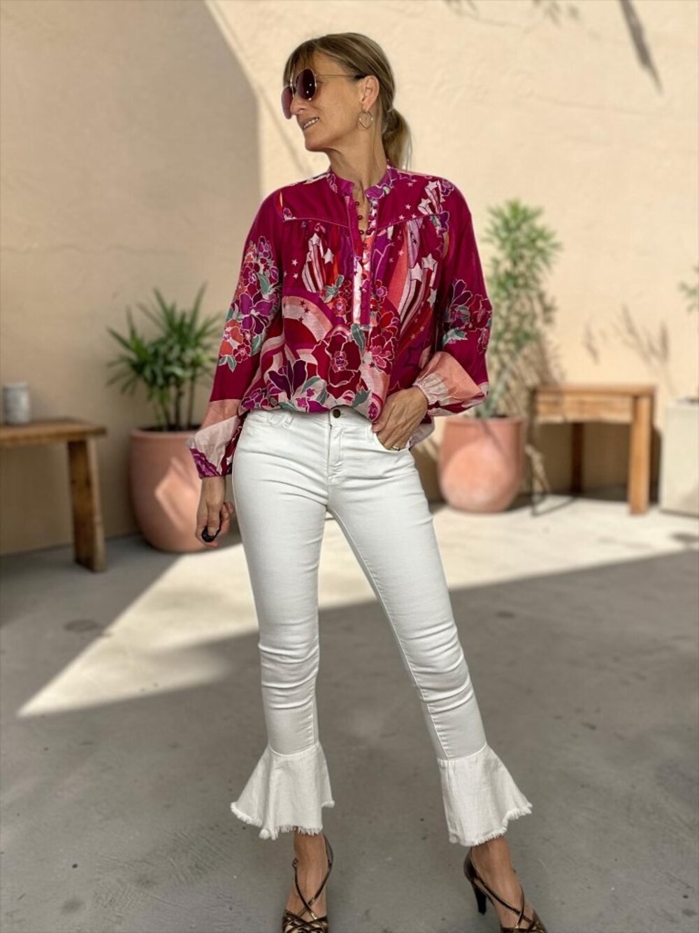 Ciebon Fatimah Floral Print Blouse S Pink Floral Henley Linen Blend